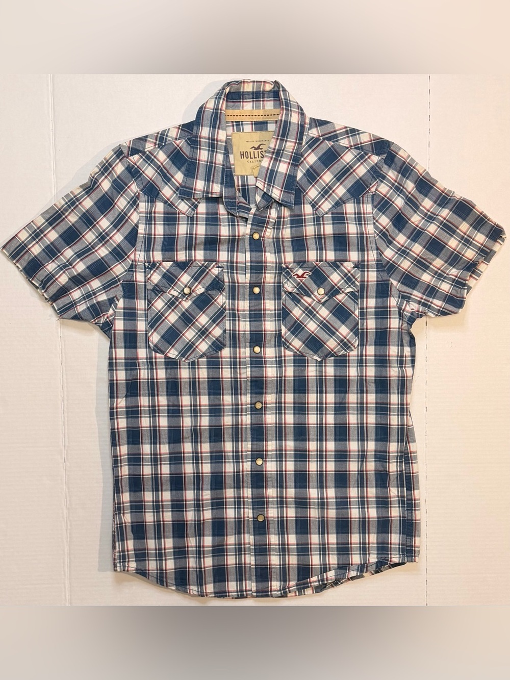 Hollister Y2K Men's Navy and White Plaid Short Sleeve Pearl Snap Button Shirt